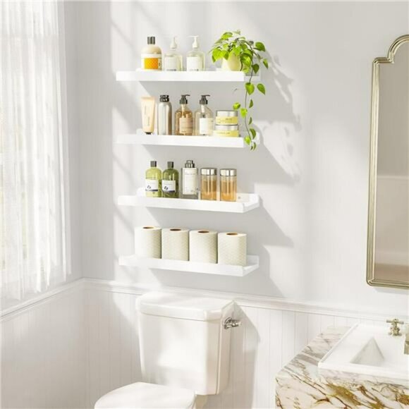 White Floating Wall Shelves Set of 4 Wood Hanging Display Shelf 15 Inch - Picture 2 of 7